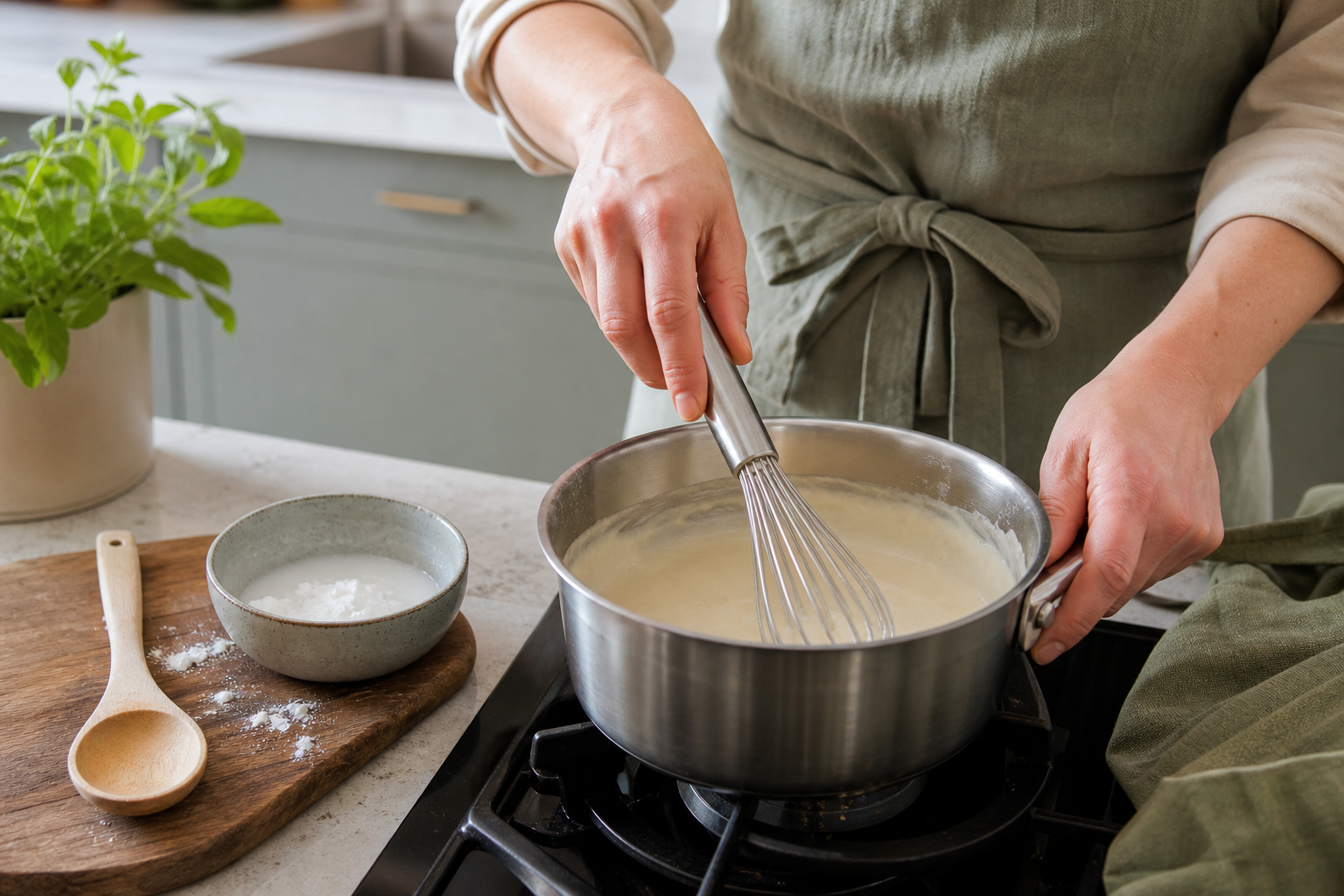 Pan met gladde saus, garde en kleine kom met maizena op het aanrecht